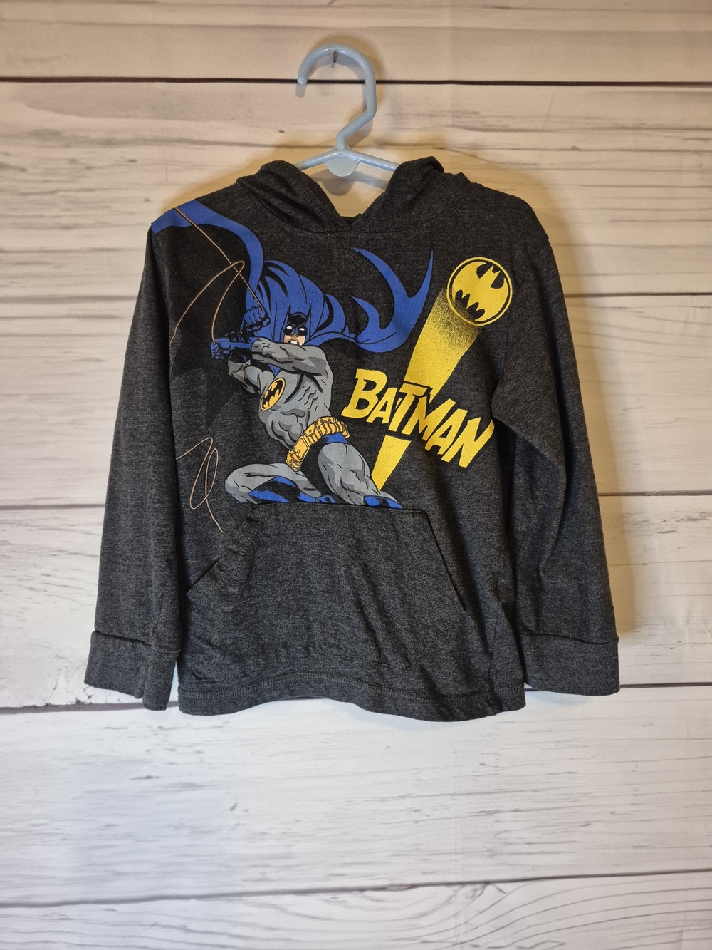 Batman Dark Gray Long Sleeve Hoodie Tee with Yellow & Blue Graphic Size 5
